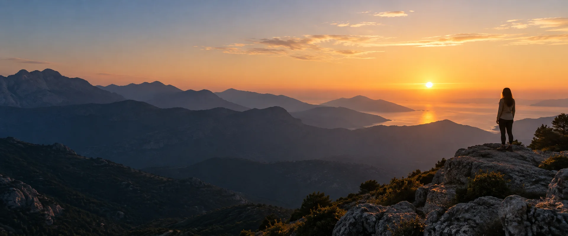 Gün doğumunda dağ manzarası ve temsili insan silueti